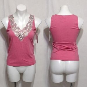 NWT Together Pink Lace Sequin V-Neck Tank Top Small Festival Sparkle Party Cami